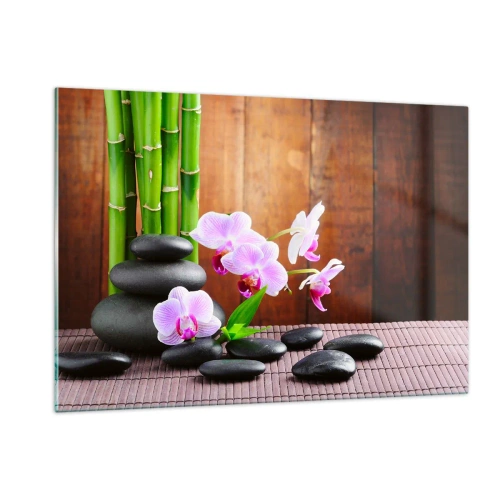 Cuadro sobre vidrio - Impresiones sobre Vidrio - Orquídeas rosas, bambú y piedras negras contra una pared de madera. - 120x80cm - Experimente los placeres de Oriente - Decoración de pared moderna para salón y dormitorio ARTTOR