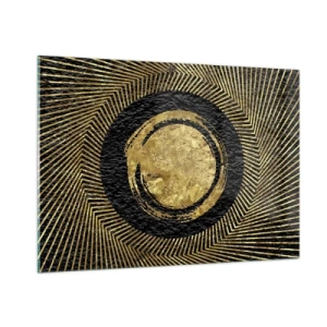Cuadro sobre vidrio - Impresiones sobre Vidrio - Círculo dorado con rayos sobre fondo negro en un estilo glamoroso. - 100x70cm - Composición glamour - Decoración de pared moderna para salón y dormitorio ARTTOR