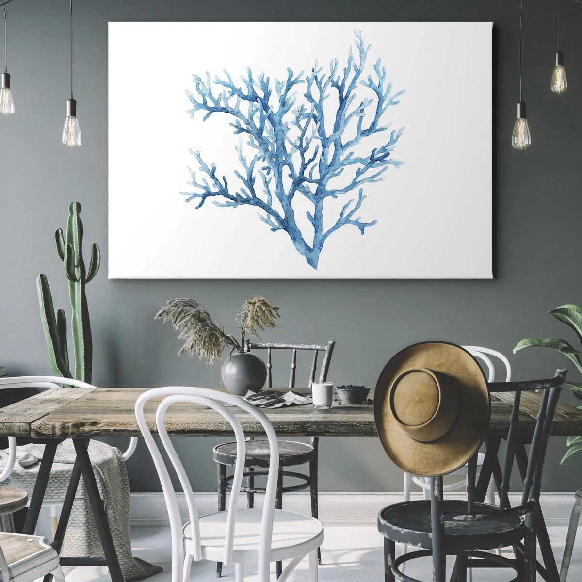 Cuadro sobre lienzo - Impresión de Imagen - Coral azul sobre fondo blanco con un toque minimalista. - 100x70cm - Filigrana marina - Decoración de pared moderna para salón y dormitorio ARTTOR