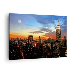Cuadro sobre lienzo - Impresión de Imagen - Panorama de la ciudad con rascacielos iluminados al atardecer - 70x50cm - Una luminosa noche americana - Decoración de pared moderna para salón y dormitorio ARTTOR