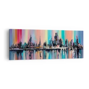 Cuadro sobre lienzo - Impresión de Imagen - Paisaje urbano colorido con reflejo en el agua - 140x50cm - Flota con la luz de la noche - Decoración de pared moderna para salón y dormitorio ARTTOR