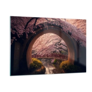 Cuadro sobre vidrio - Impresiones sobre Vidrio - Cerezos en flor y un puente japonés vistos a través de la puerta redonda. - 120x80cm - Primavera japonesa - Decoración de pared moderna para salón y dormitorio ARTTOR