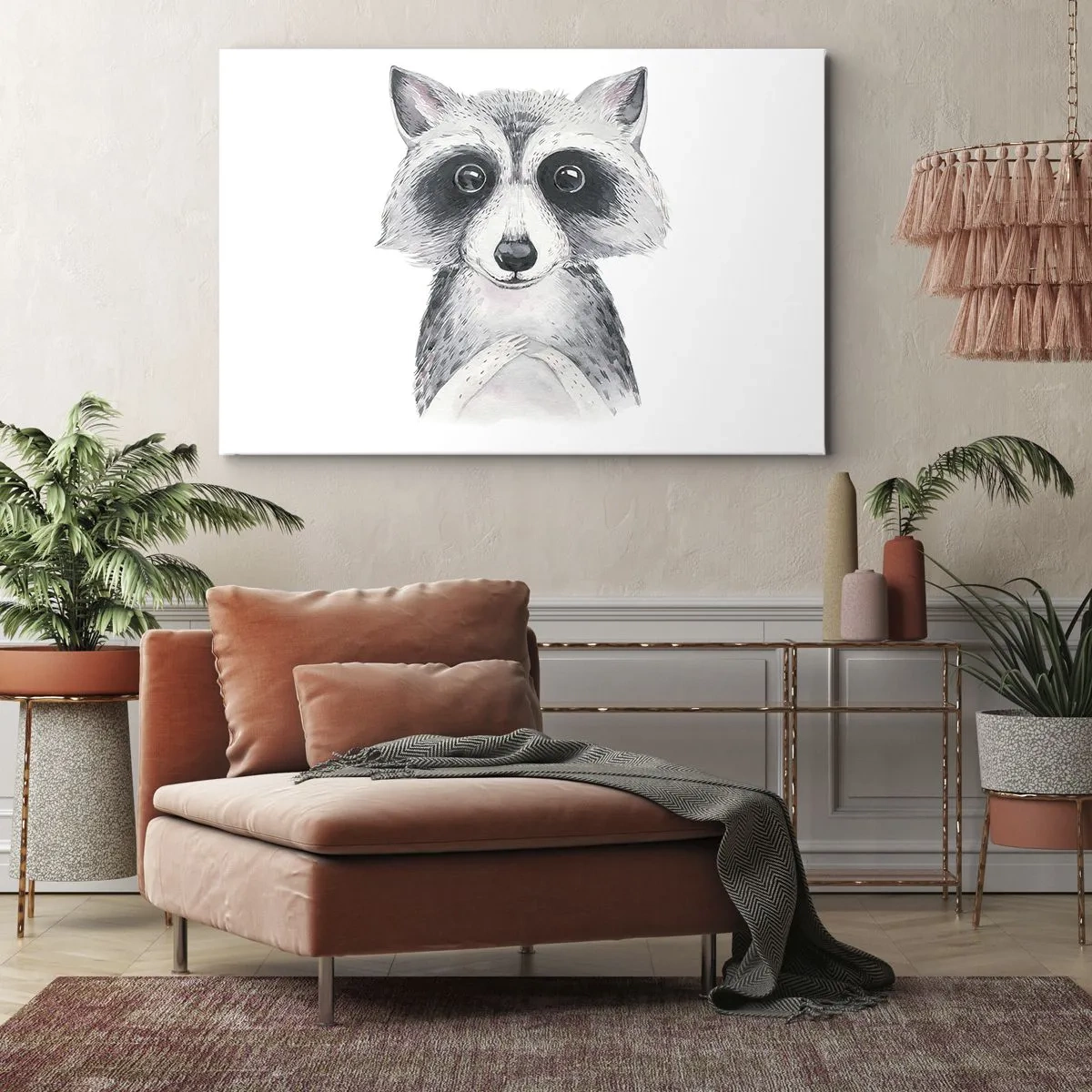 Cuadro sobre lienzo - Impresión de Imagen - Adorable retrato de un mapache sobre un fondo blanco. - 70x50cm - Un momento para la emoción - Decoración de pared moderna para salón y dormitorio ARTTOR