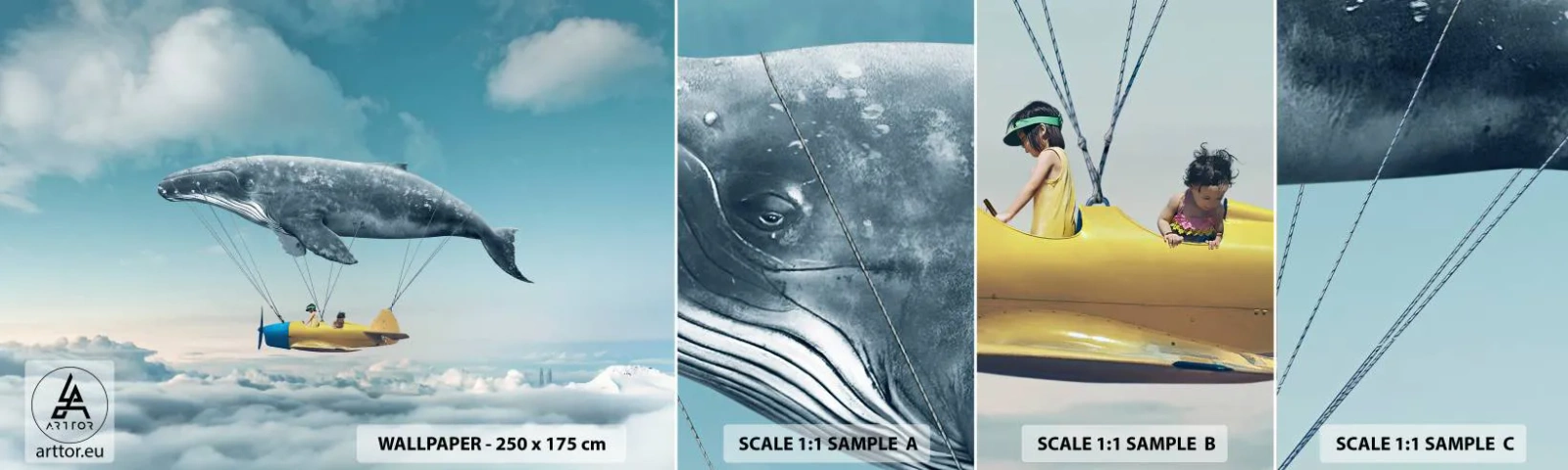 Muestra de fotomural autoadhesivo Deluxe Sticker - ¿Por qué no? - Ballena, Niños, Avión - 100x30 cm