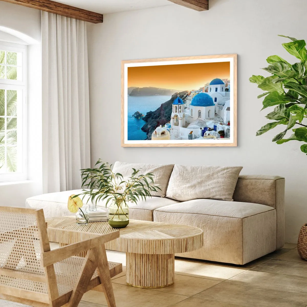 Póster en marco roble claro - Santorini - el abrazo a las rocas - 70x50 cm