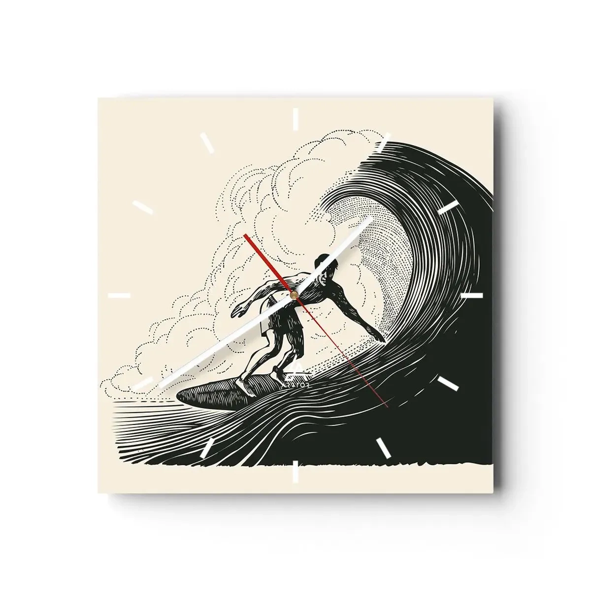 Reloj de pared - Reloj de vidrio - Gráfico en blanco y negro de un surfista montando una ola. - 30x30cm - Rey de la ola - Decoración de pared moderna para salón y dormitorio ARTTOR