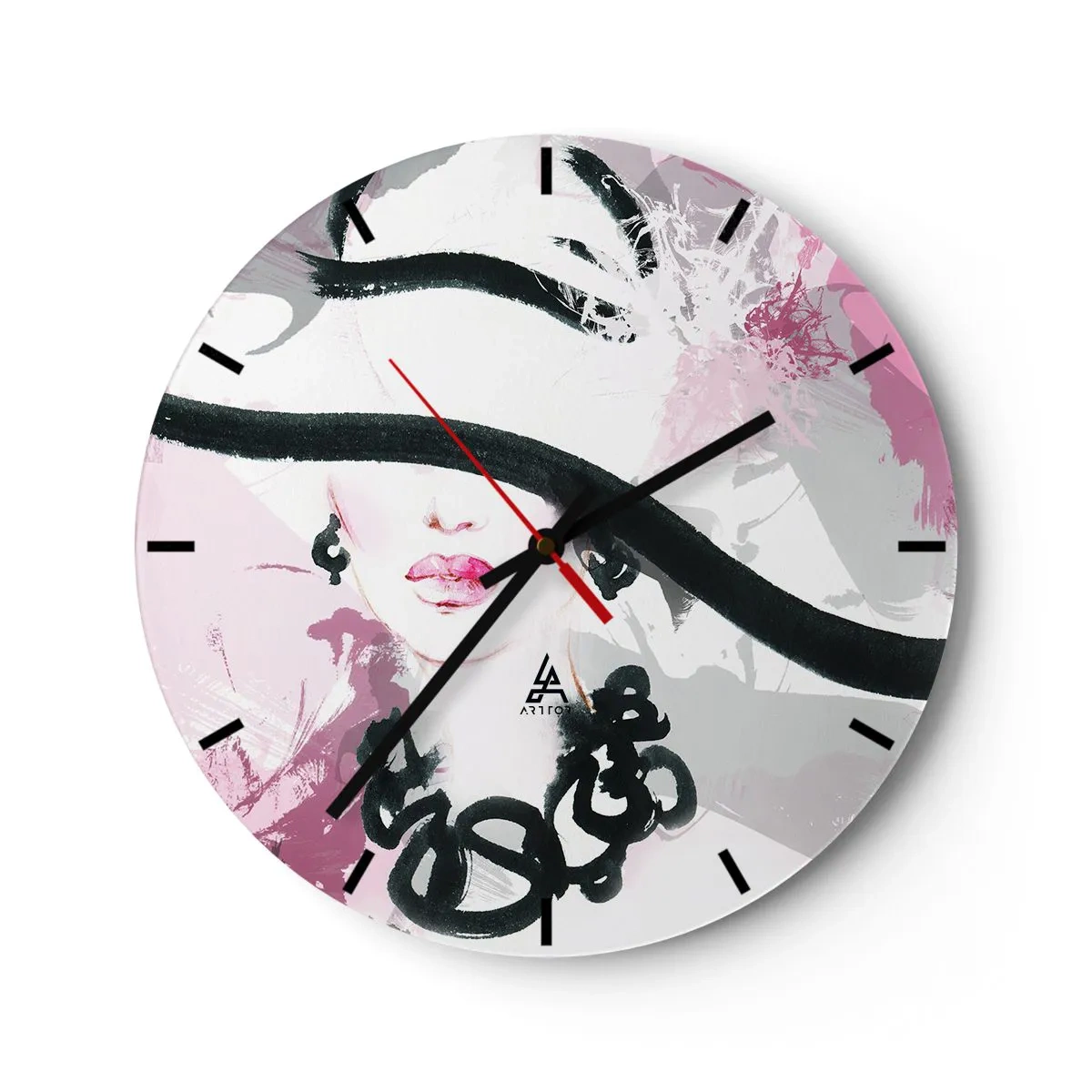 Reloj de pared - Reloj de vidrio - Un elegante retrato de una mujer en estilo negro y rosa. - 30x30cm - Retrato de una dama en negro y rosa - Decoración de pared moderna para salón, cocina y dormitorio ARTTOR