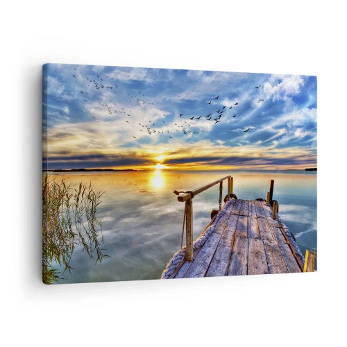 Cuadro sobre lienzo - Impresión de Imagen - Muelle de madera sobre el lago al atardecer - 70x50cm - El viento se va a descansar - Decoración de pared moderna para salón y dormitorio ARTTOR
