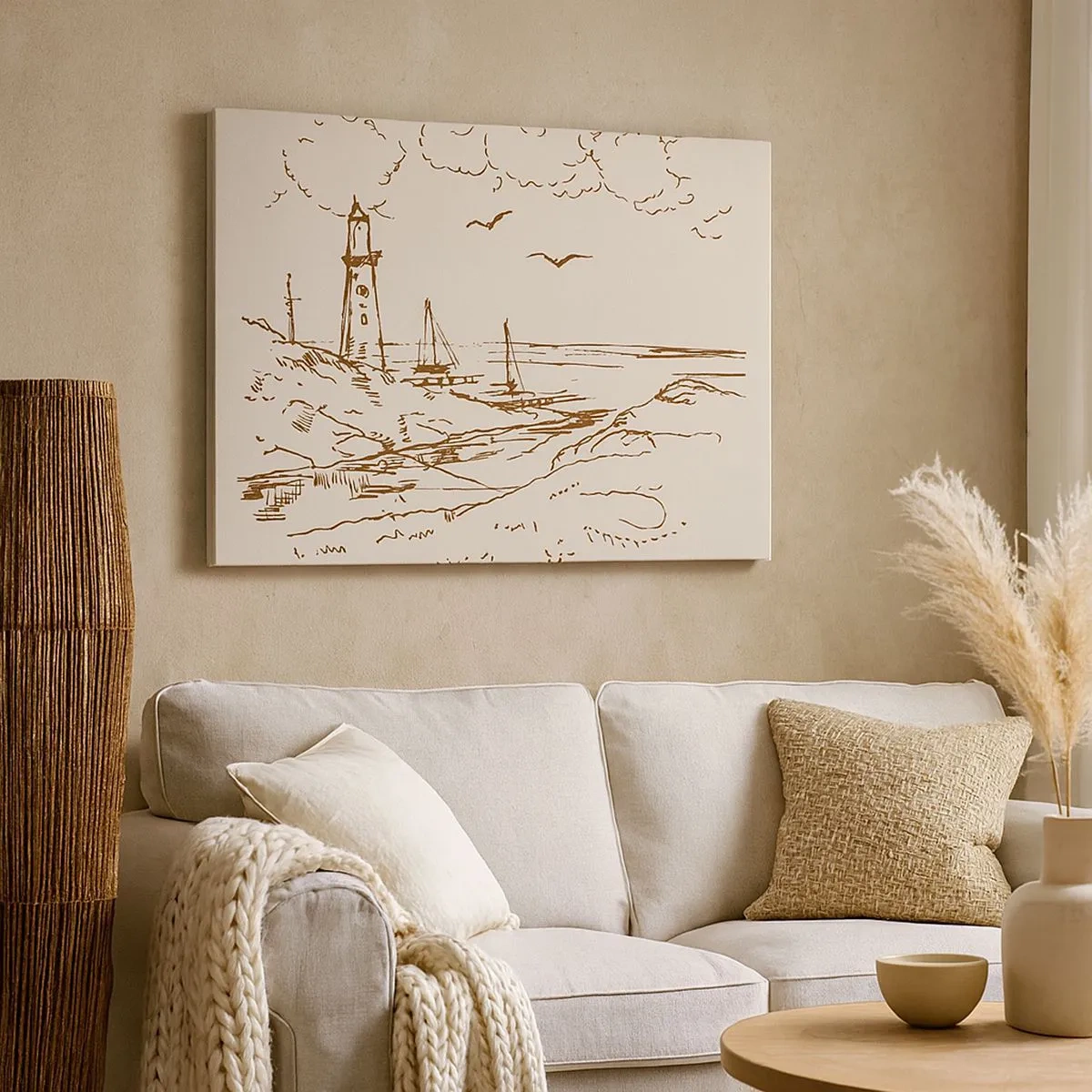 Cuadro sobre lienzo - Impresión de Imagen - Boceto de un faro con vistas al mar - 70x50cm - Un esbozo de un recuerdo de verano - Decoración de pared moderna para salón y dormitorio ARTTOR