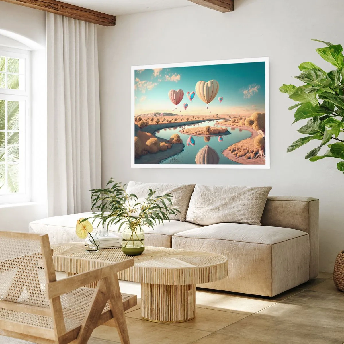 Póster - Globos en forma de corazón flotando sobre el paisaje. - 100x70cm - El amor te hace volar - Decoración de pared moderna para salón y dormitorio ARTTOR