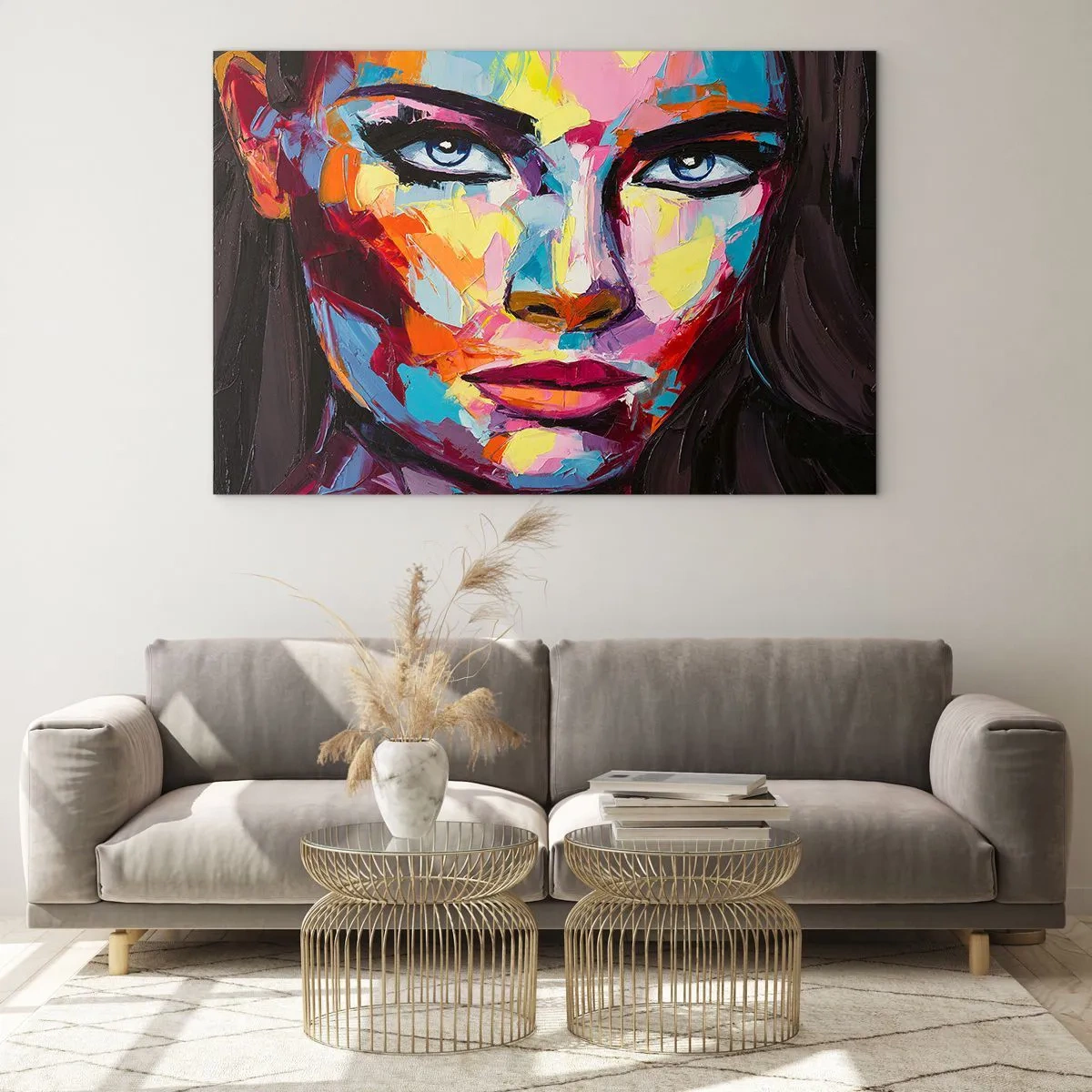 Cuadro sobre vidrio - Impresiones sobre Vidrio - Retrato colorido de una mujer en estilo abstracto. - 120x80cm - Un alma colorida también - Decoración de pared moderna para salón y dormitorio ARTTOR