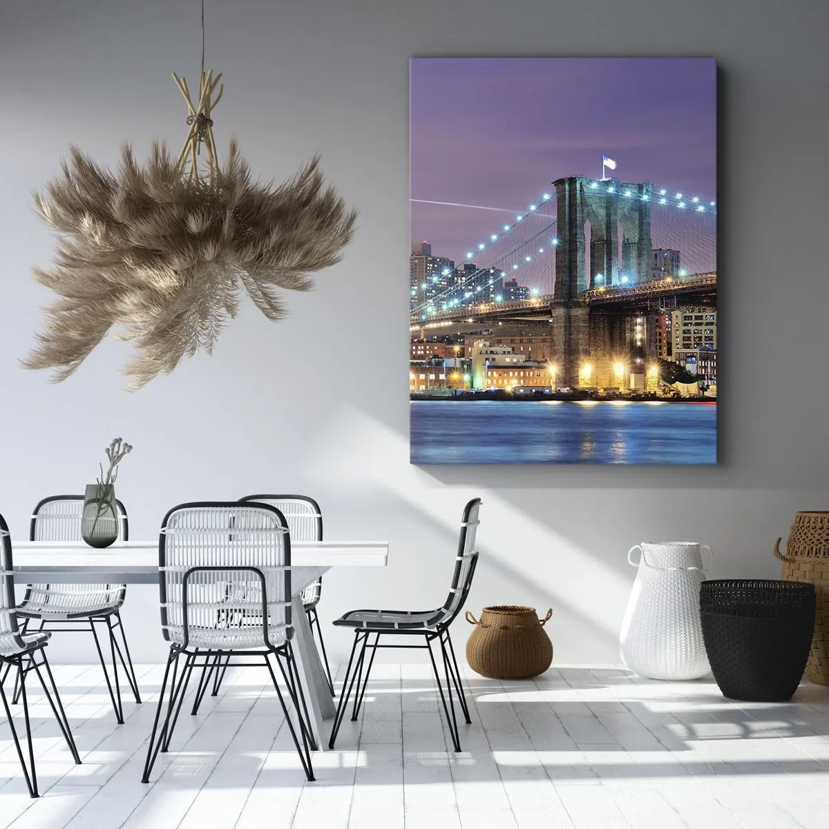 Cuadro sobre lienzo - Impresión de Imagen - Puente de Brooklyn de noche con la ciudad iluminada al fondo - 70x100cm - Durante muchos años, el puente de Brooklyn - Decoración de pared moderna para salón y dormitorio ARTTOR