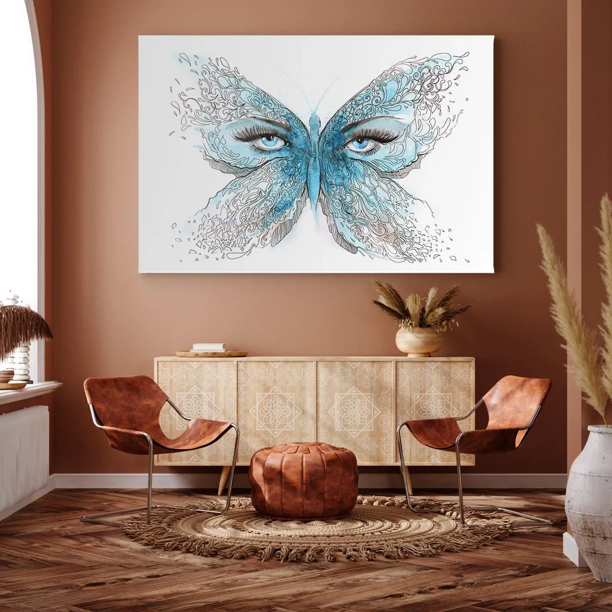 Cuadro sobre lienzo - Impresión de Imagen - Acuarela artística de una mariposa con ojos azules. - 70x50cm - Mirada de mariposa - Decoración de pared moderna para salón y dormitorio ARTTOR