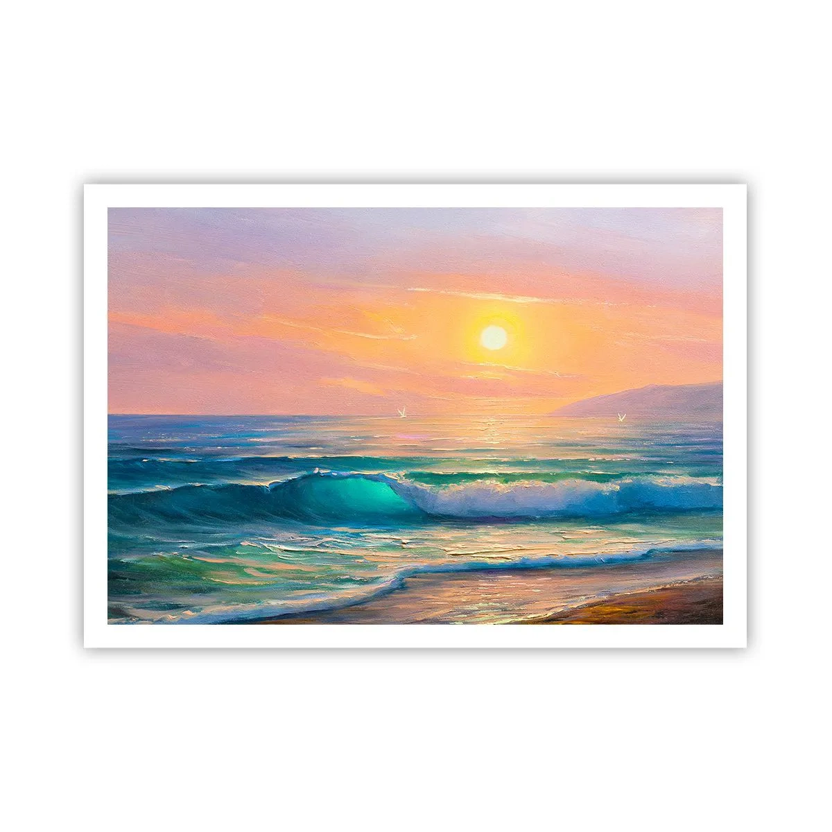 Póster - Paisaje marino con puesta de sol - 100x70cm - El canto turquesa de las olas - Decoración de pared moderna para salón y dormitorio ARTTOR