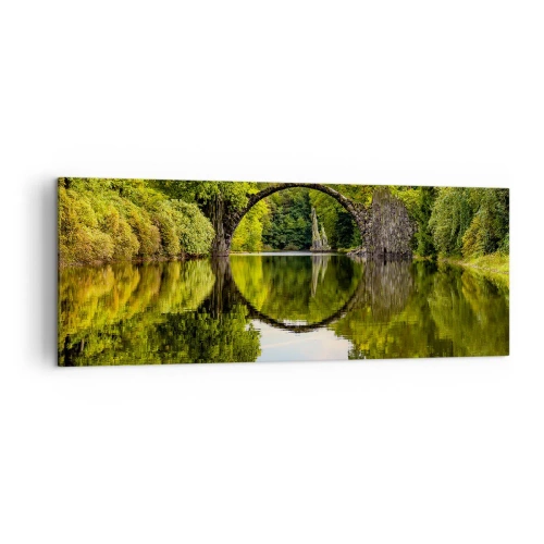 Cuadro sobre lienzo - Impresión de Imagen - Un puente de piedra sobre un río con un reflejo perfecto en el agua. - 140x50cm - En el punto de encuentro de dos mundos - Decoración de pared moderna para salón y dormitorio ARTTOR