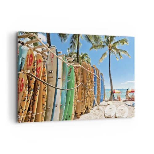 Cuadro sobre lienzo - Impresión de Imagen - Tablas de surf en una playa con palmeras - 120x80cm - Diversión soleada - Decoración de pared moderna para salón y dormitorio ARTTOR