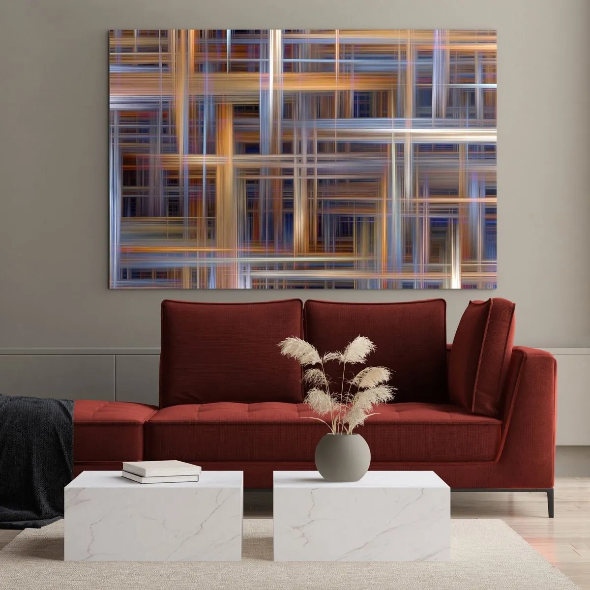 Cuadro sobre vidrio - Impresiones sobre Vidrio - Patrón geométrico de líneas y colores en estilo abstracto. - 100x70cm - Tejido de luz - Decoración de pared moderna para salón y dormitorio ARTTOR