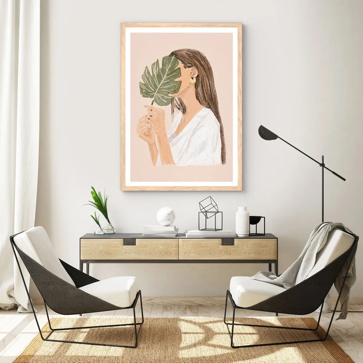 Póster en marco roble claro - Retrato misterioso con un abanico - 61x91 cm