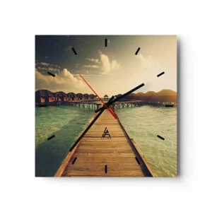 Reloj de pared - Reloj de vidrio - Un embarcadero de madera que conduce a las casas sobre el agua, iluminadas por los rayos del sol. - 30x30cm - Una cálida invitación - Decoración de pared moderna para salón y dormitorio ARTTOR