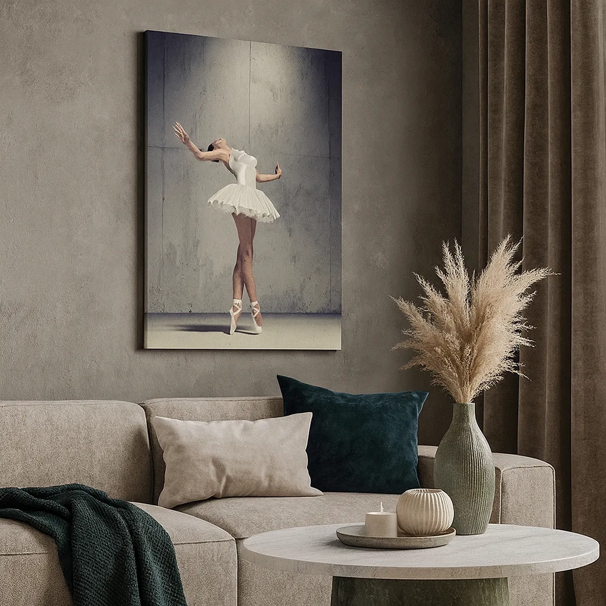 Cuadro sobre lienzo - Impresión de Imagen - Una bailarina de ballet con un vestido blanco frente a una pared sin rematar. - 50x70cm - Ligero como un pájaro - Decoración de pared moderna para salón y dormitorio ARTTOR