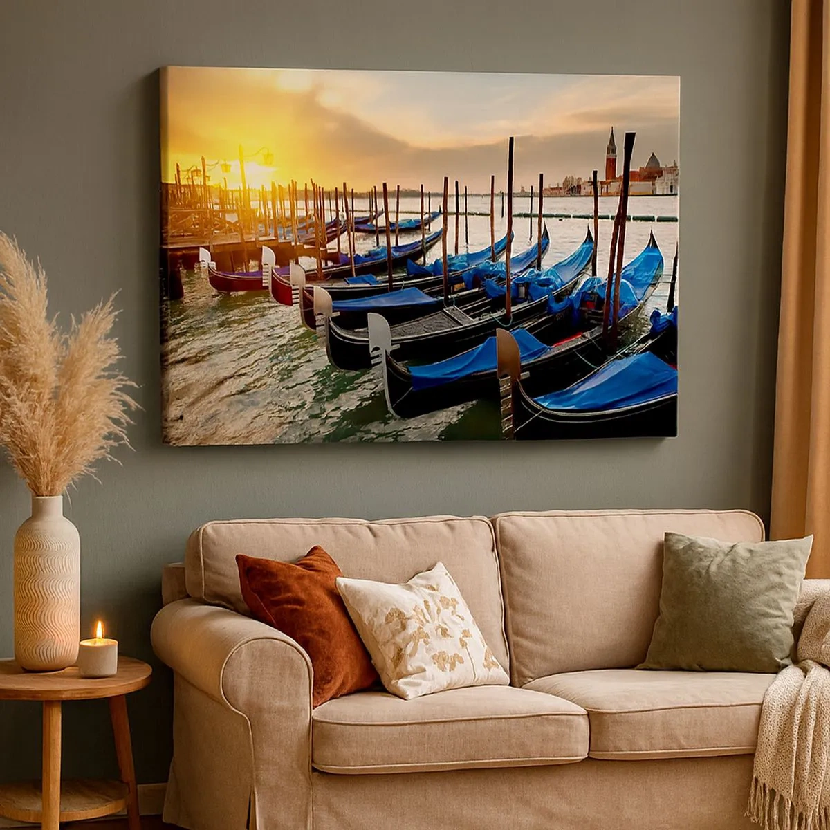 Cuadro sobre lienzo - Impresión de Imagen - Góndolas en Venecia por la mañana a la luz del sol naciente. - 70x50cm - Antes de que llegue la tormenta - Decoración de pared moderna para salón y dormitorio ARTTOR