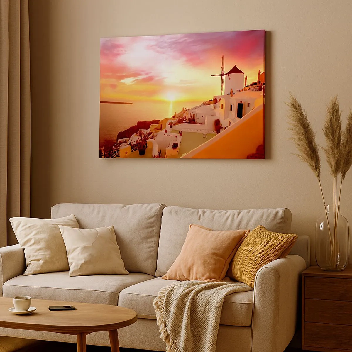 Cuadro sobre lienzo - Impresión de Imagen - Santorini al atardecer con un molino de viento - 70x50cm - Blanco y dorado - Decoración de pared moderna para salón y dormitorio ARTTOR