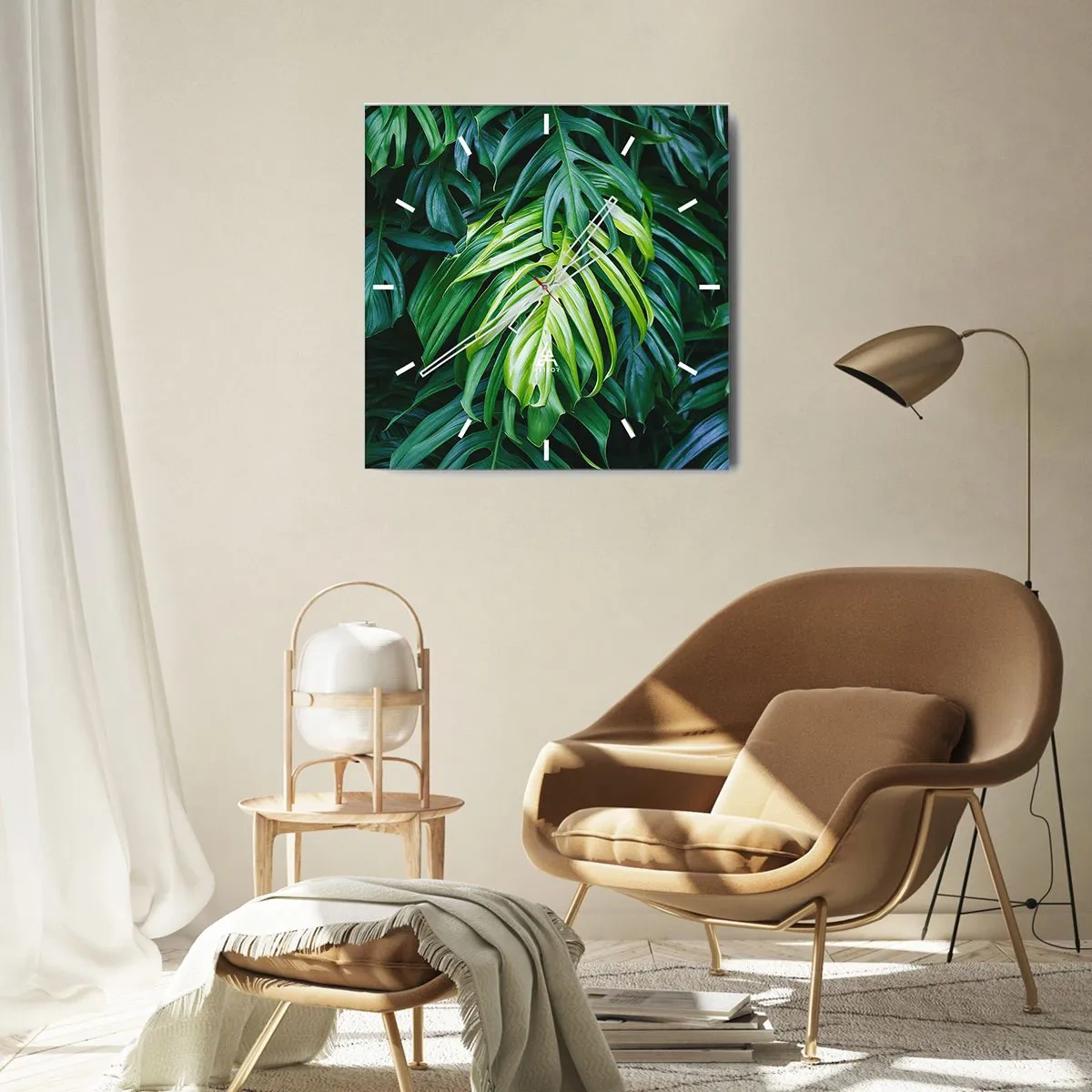 Reloj de pared - Reloj de vidrio - Hojas verdes en un denso arreglo tropical. - 30x30cm - Sumérjase en la frescura - Decoración de pared moderna para salón y dormitorio ARTTOR