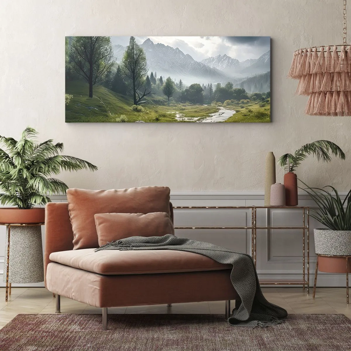 Cuadro sobre lienzo - Impresión de Imagen - Un paisaje montañoso con un río y árboles rodeados de montañas brumosas. - 120x50cm - De ida y vuelta - Decoración de pared moderna para salón y dormitorio ARTTOR