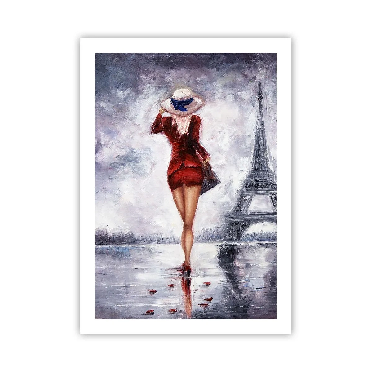 Póster - Una mujer con un vestido rojo caminando hacia la Torre Eiffel. - 50x70cm - Símbolos parisinos - Decoración de pared moderna para salón y dormitorio ARTTOR