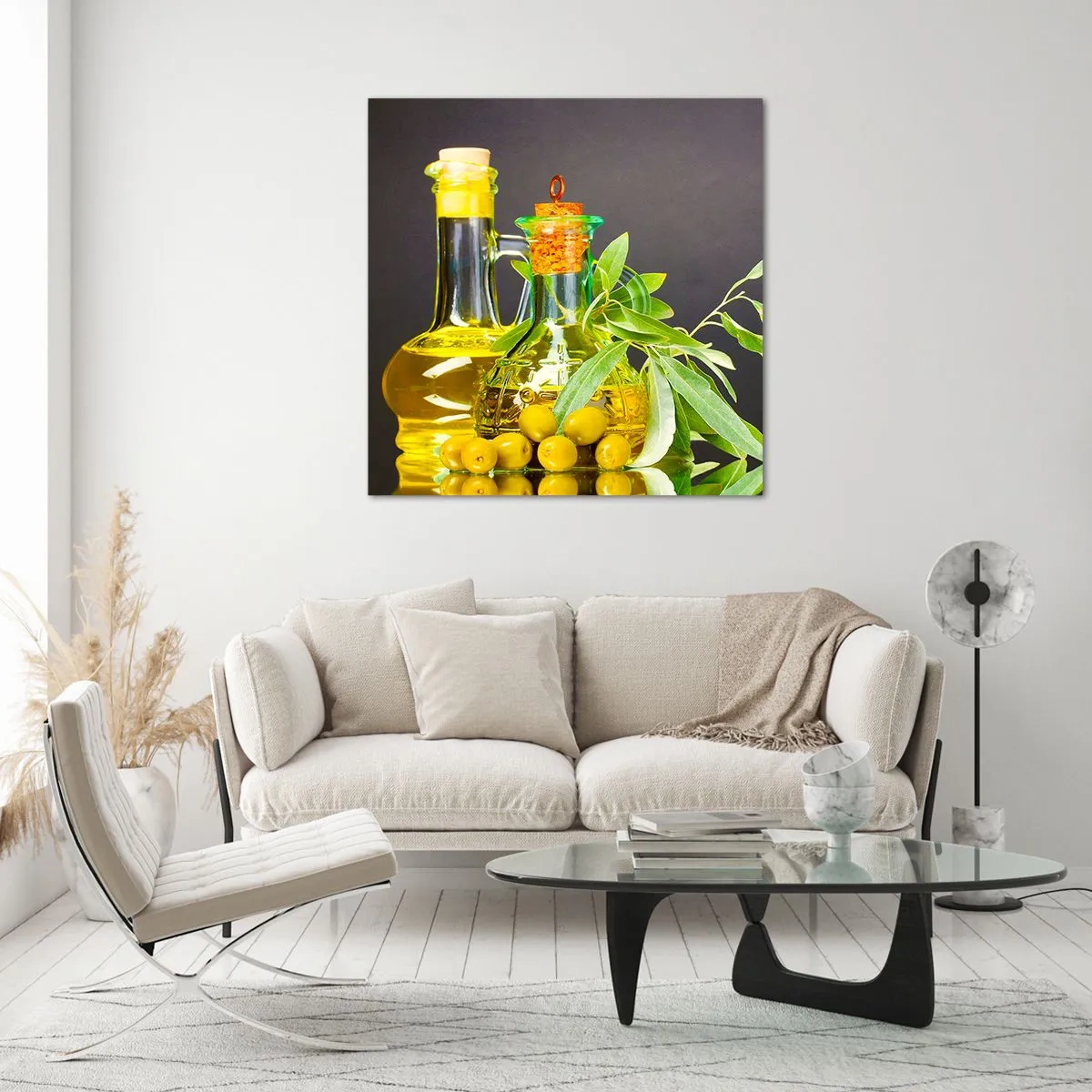 Cuadro sobre vidrio - Impresiones sobre Vidrio - Bodegón con aceitunas y aceite - 50x50 cm