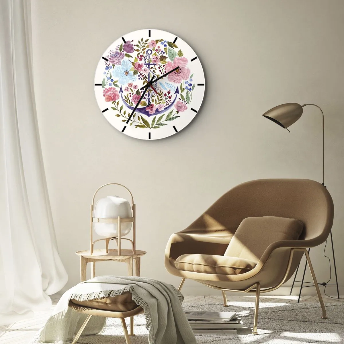 Reloj de pared - Reloj de vidrio - Un ancla morada rodeada de flores de colores. - 30x30cm - El sueño reparador de un marinero - Decoración de pared moderna para salón, cocina y dormitorio ARTTOR