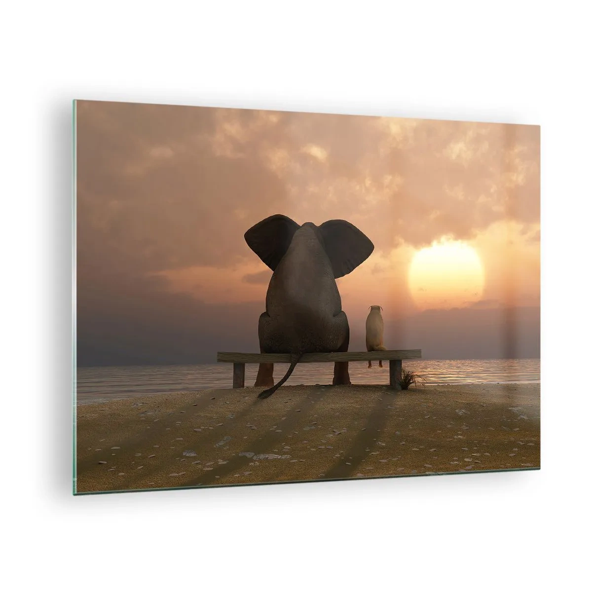 Cuadro sobre vidrio - Impresiones sobre Vidrio - Elefante y perro en un banco al atardecer - 70x50cm - Es bueno estar en silencio juntos - Decoración de pared moderna para salón y dormitorio ARTTOR