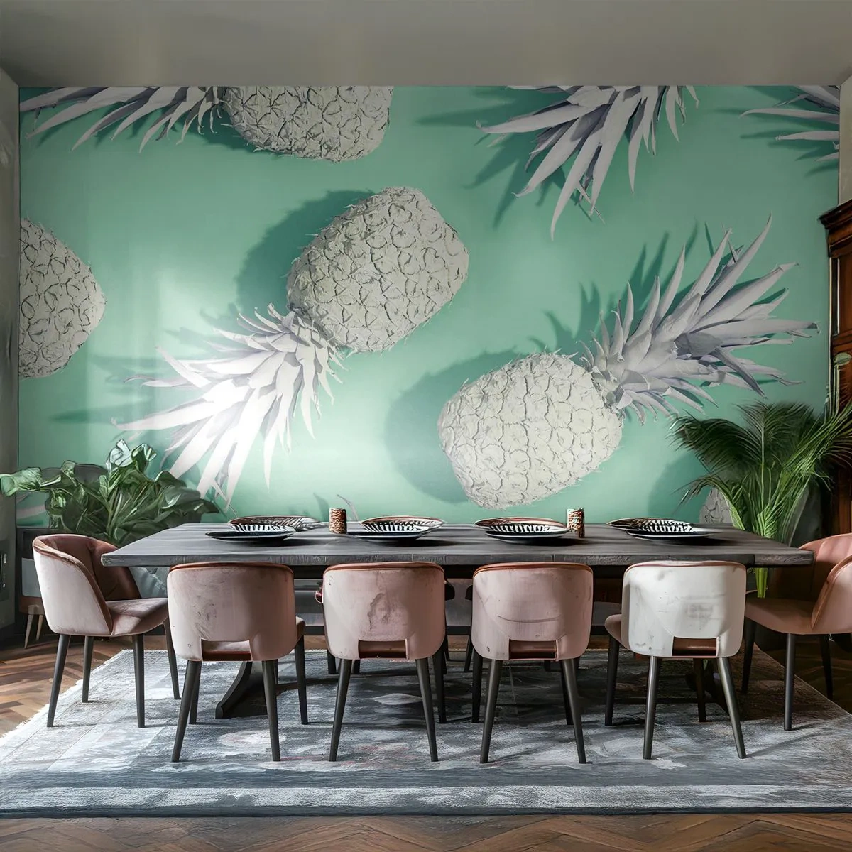 Fotomural Standard Eco - Piñas elegantes sobre un fondo pastel. - 100x70cm - Van bien con la menta - Decoración de pared moderna para salón y dormitorio ARTTOR