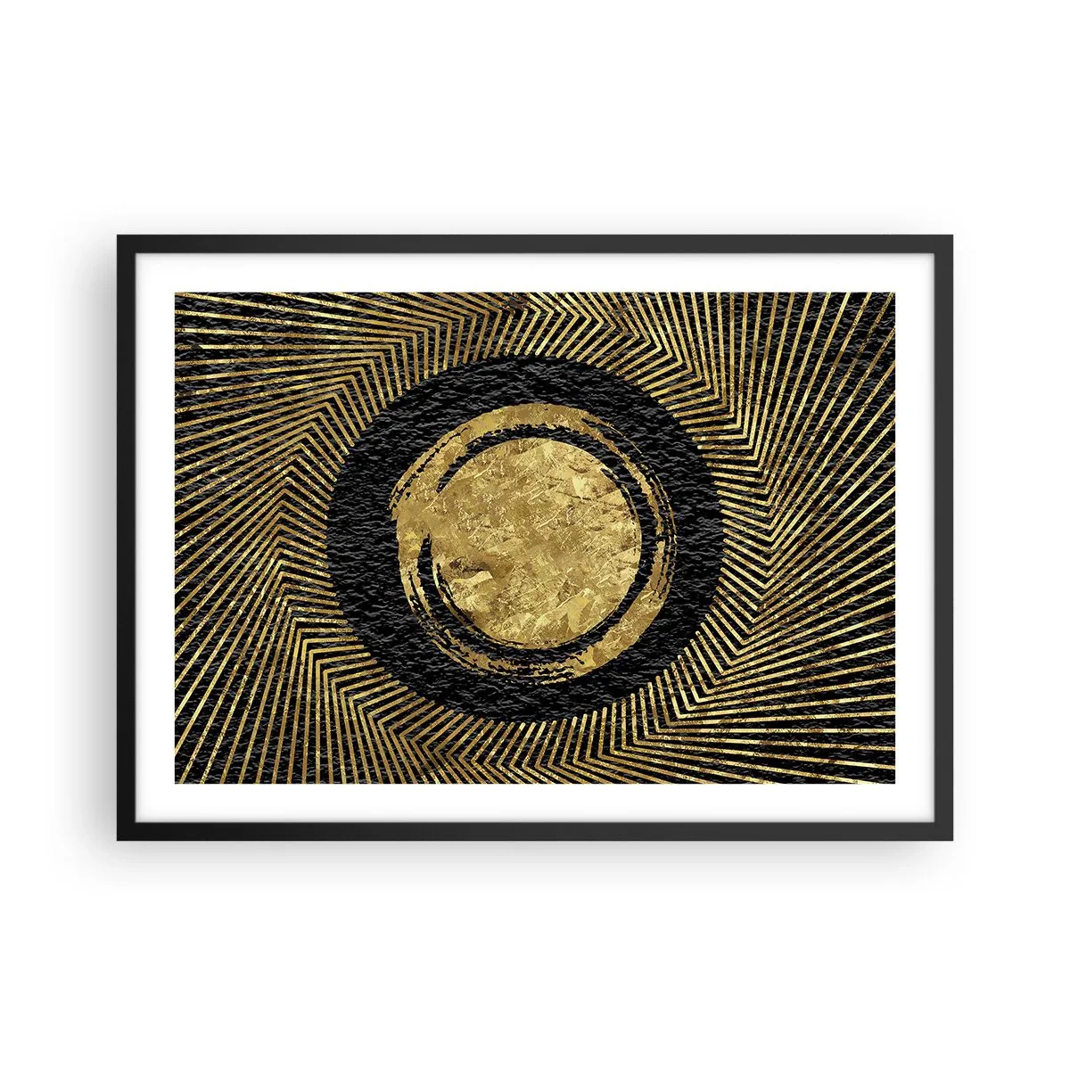 Póster en marco negro - Composición geométrica en negro y dorado con rayos. - 70x50cm - Composición glamour - Decoración de pared moderna para salón y dormitorio ARTTOR