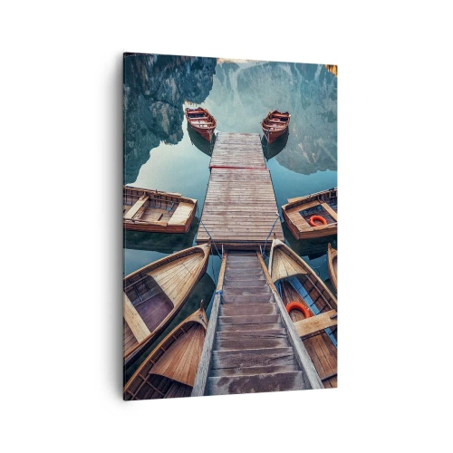Cuadro sobre lienzo - Impresión de Imagen - Barcos de madera en un muelle en un lago de montaña - 70x100cm - Esperando en el muelle - Decoración de pared moderna para salón y dormitorio ARTTOR