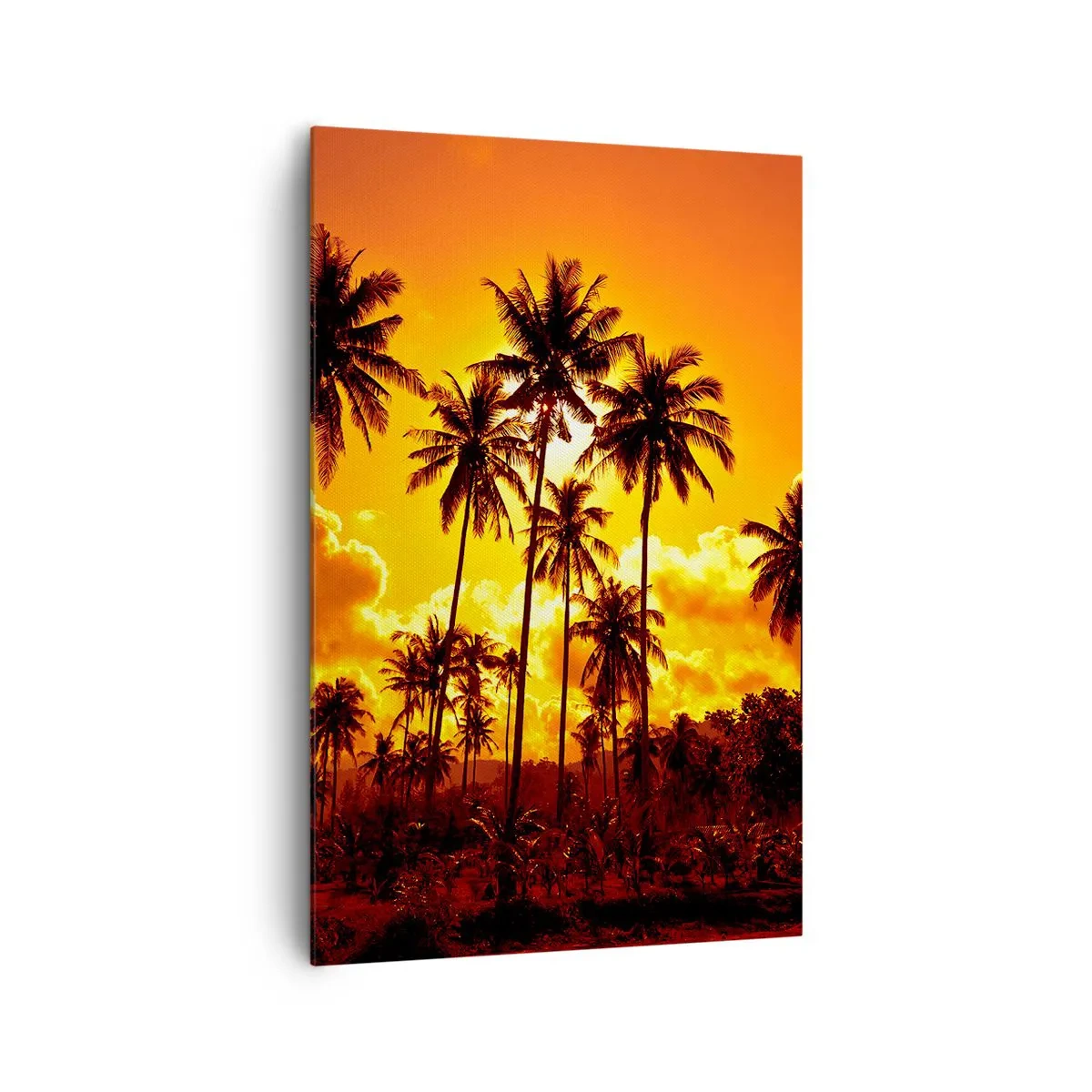 Cuadro sobre lienzo - Impresión de Imagen - Palmeras contra un cielo dorado durante una puesta de sol tropical - 80x120cm - Las montañas arden, los bosques arden - Decoración de pared moderna para salón y dormitorio ARTTOR