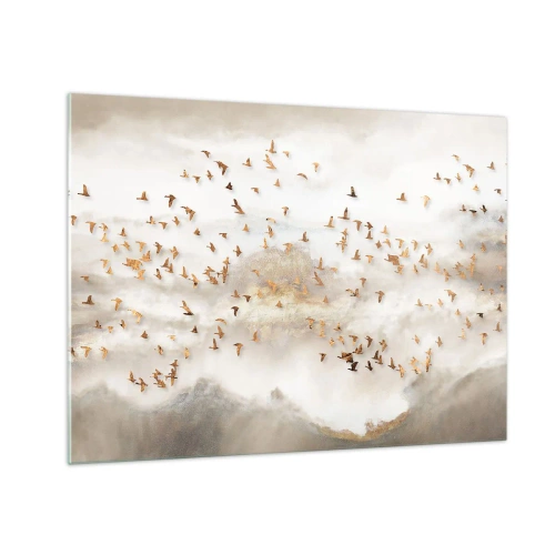 Cuadro sobre vidrio - Impresiones sobre Vidrio - Una bandada de pájaros volando sobre un paisaje brumoso. - 70x50cm - Es hora... - Decoración de pared moderna para salón y dormitorio ARTTOR