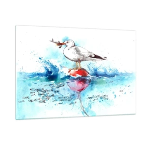 Cuadro sobre vidrio - Impresiones sobre Vidrio - Una gaviota en una boya con un pez en el fondo de las olas del mar. - 120x80cm - Una captura exitosa - Decoración de pared moderna para salón y dormitorio ARTTOR