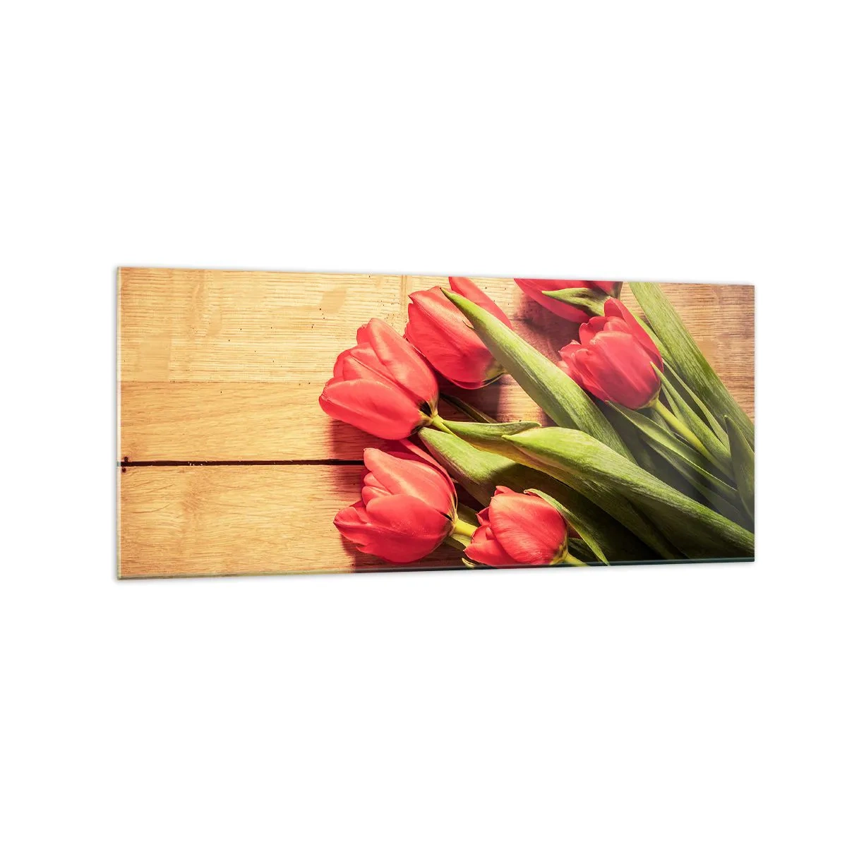 Cuadro sobre vidrio - Impresiones sobre Vidrio - Un ramo de tulipanes rosas sobre un fondo de madera. - 120x50cm - Una confesión primaveral - Decoración de pared moderna para salón y dormitorio ARTTOR