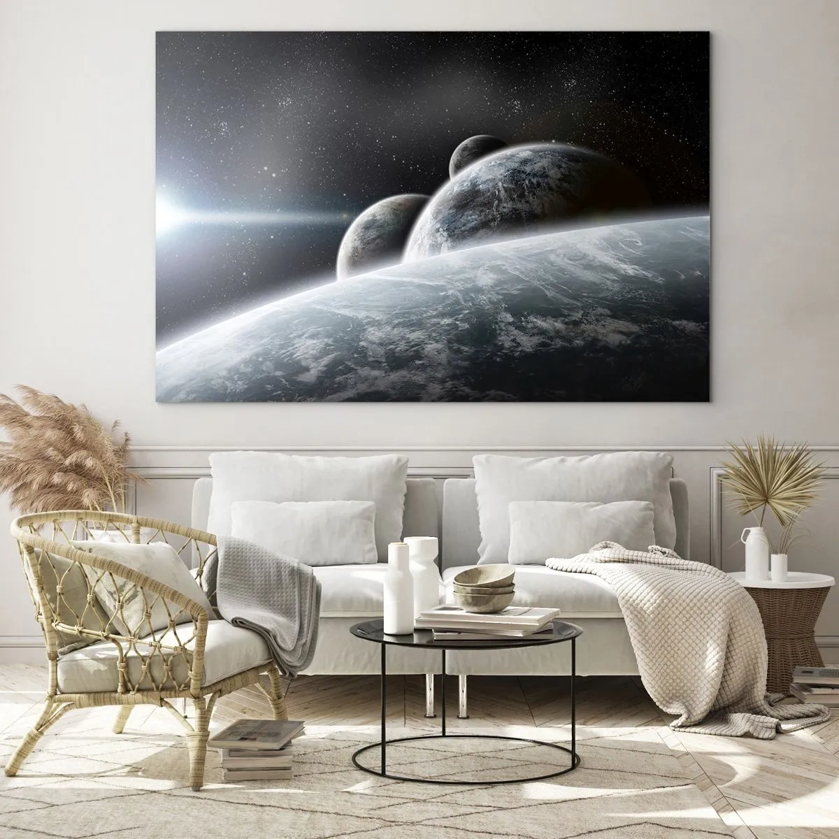 Cuadro sobre vidrio - Impresiones sobre Vidrio - Planetas en el espacio exterior con un rayo de luz. - 100x70cm - Música cósmica de las esferas - Decoración de pared moderna para salón y dormitorio ARTTOR