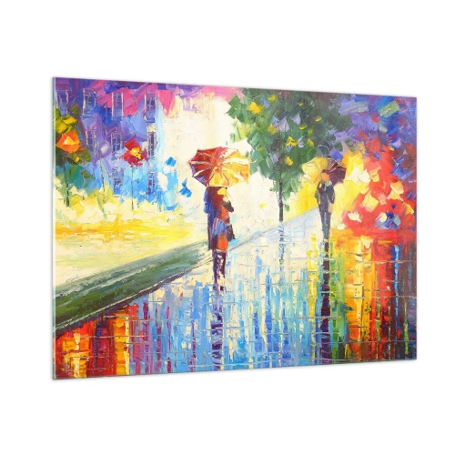 Cuadro sobre vidrio - Impresiones sobre Vidrio - Un colorido paseo bajo la lluvia con un paraguas impresionista. - 100x70cm - Y todo está claro - Decoración de pared moderna para salón y dormitorio ARTTOR