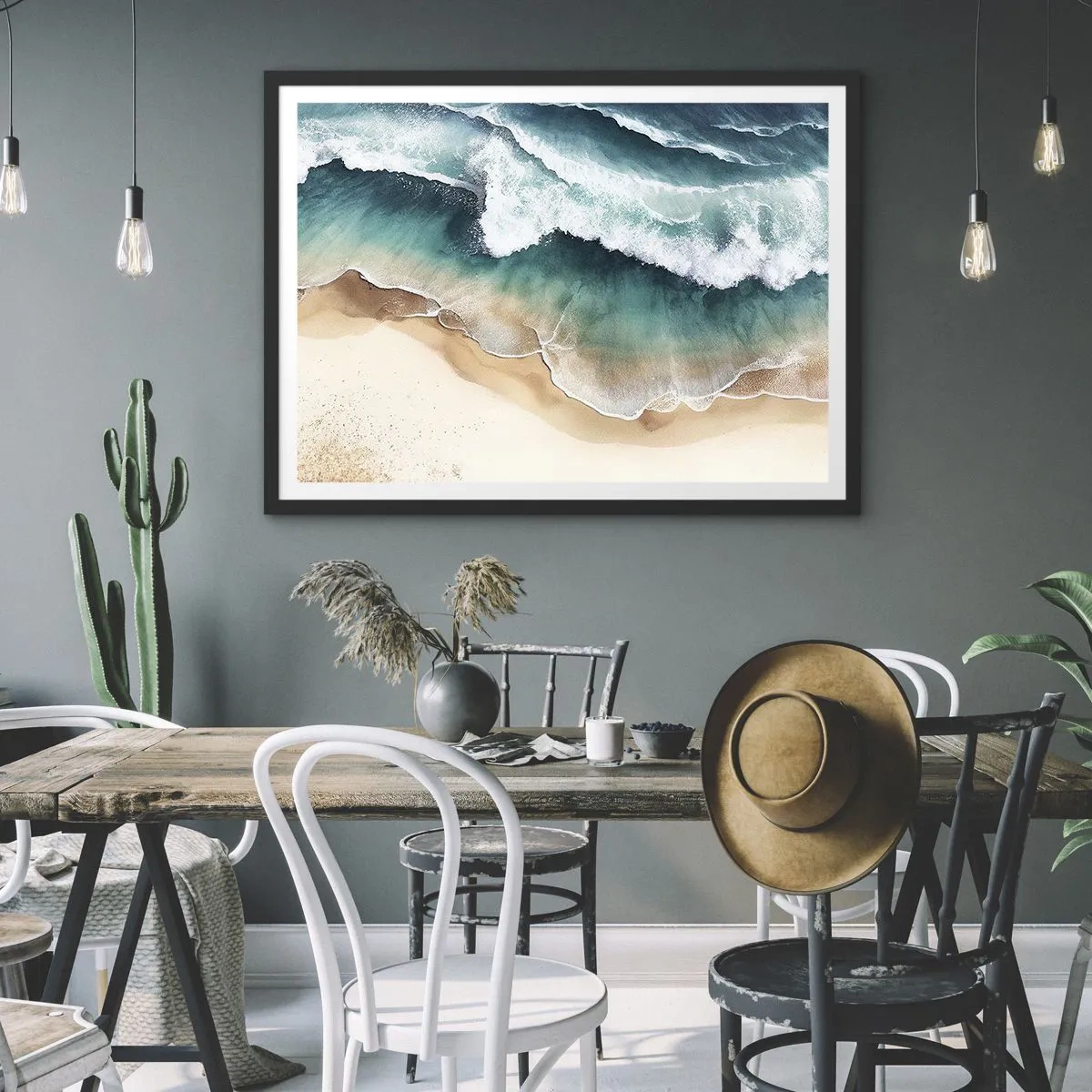 Póster en marco negro - Vista de la playa y las olas del mar en tonos turquesa. - 100x70cm - Un encuentro eterno - Decoración de pared moderna para salón y dormitorio ARTTOR