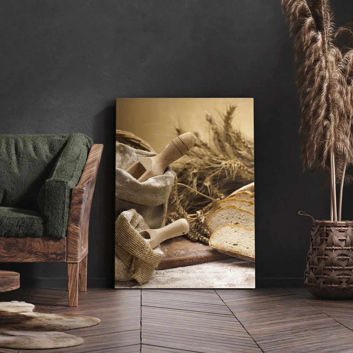 Cuadro sobre lienzo - Impresión de Imagen - Un paisaje con pan, harina y espigas de trigo en estilo rústico. - 80x120cm - Corte perfecto - Decoración de pared moderna para salón y dormitorio ARTTOR