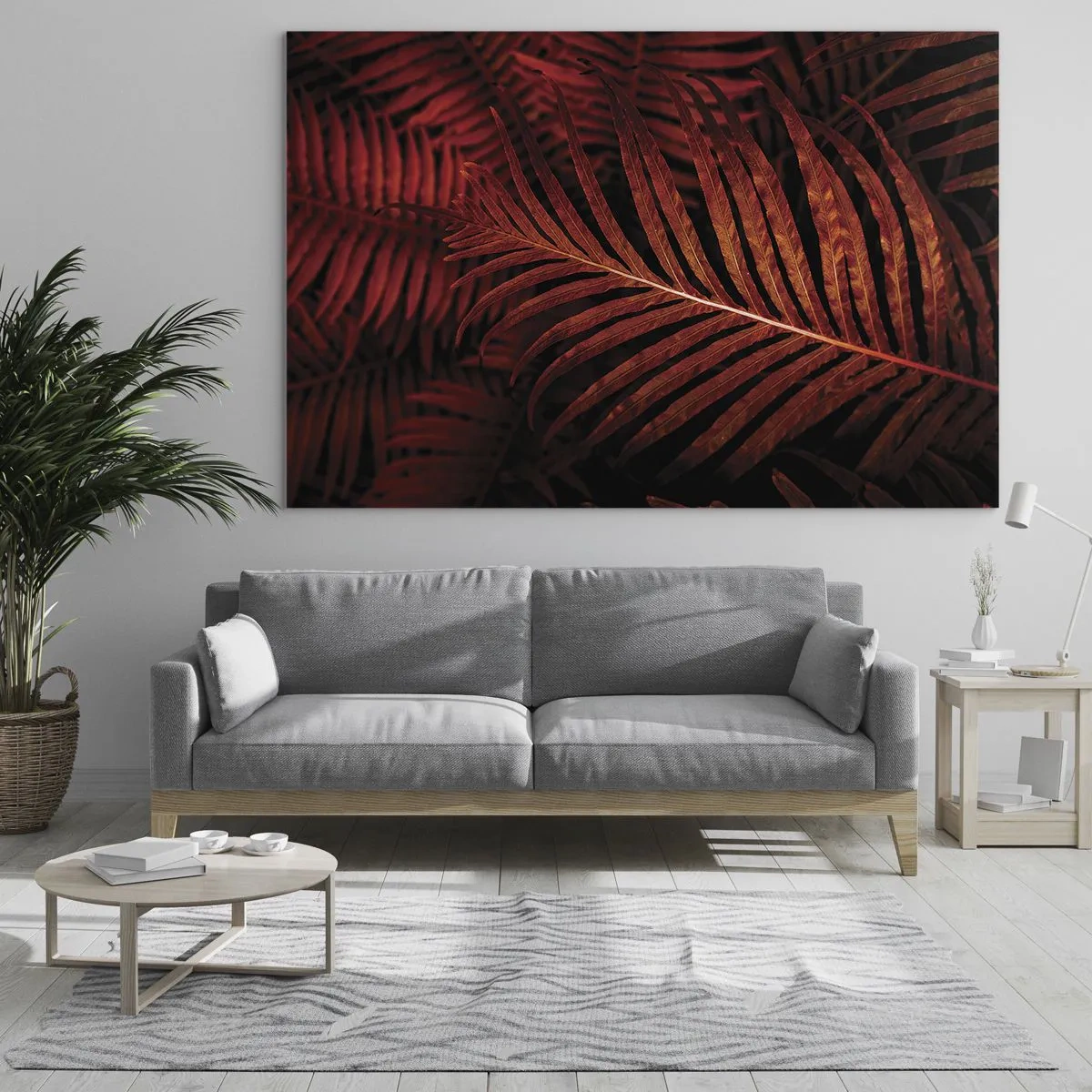 Cuadro sobre vidrio - Impresiones sobre Vidrio - Hojas rojas de una planta tropical sobre un fondo oscuro. - 70x50cm - Las brasas de la vida - Decoración de pared moderna para salón y dormitorio ARTTOR