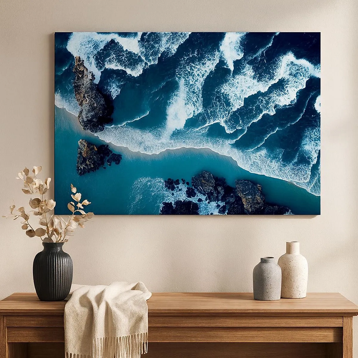 Cuadro sobre lienzo - Impresión de Imagen - Vista aérea de las olas rompiendo en la orilla - 70x50cm - Rodeadas por las olas - Decoración de pared moderna para salón y dormitorio ARTTOR