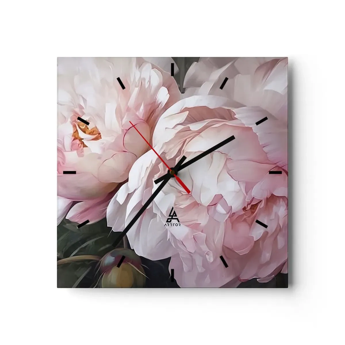 Reloj de pared - Reloj de vidrio - Delicadas peonías rosas en plena floración. - 30x30cm - En flor - Decoración de pared moderna para salón y dormitorio ARTTOR
