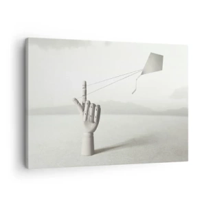 Cuadro sobre lienzo - Impresión de Imagen - Una mano de madera minimalista con una cometa sobre un fondo de paisaje. - 70x50cm - Una prueba de fuerza - Decoración de pared moderna para salón y dormitorio ARTTOR