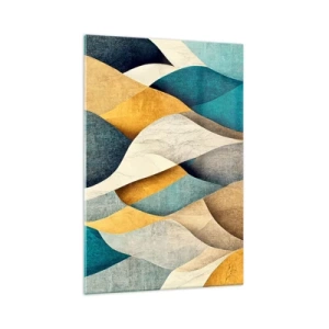 Cuadro sobre vidrio - Impresiones sobre Vidrio - Ondas abstractas en tonos azules y dorados. - 70x100cm - Ritmo y ondulación - Decoración de pared moderna para salón y dormitorio ARTTOR