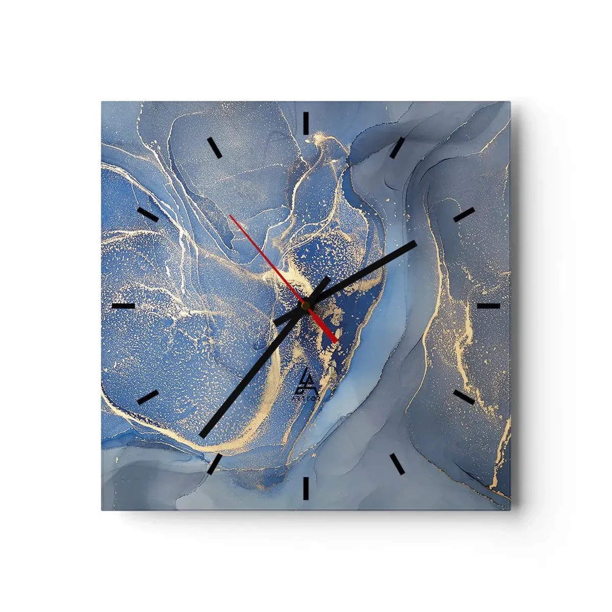 Reloj de pared - Reloj de vidrio - Patrones abstractos azules con acentos dorados - 30x30cm - Polvo de oro - Decoración de pared moderna para salón y dormitorio ARTTOR