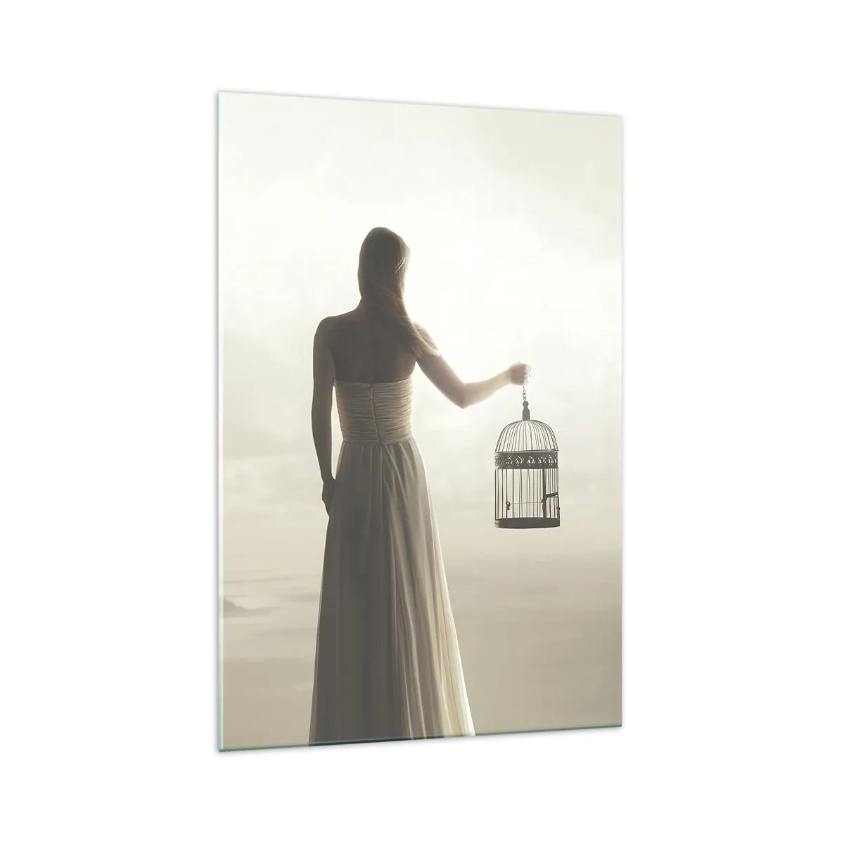 Cuadro sobre vidrio - Impresiones sobre Vidrio - Una mujer con una jaula contra un cielo en calma. - 70x100cm - Sé libre - Decoración de pared moderna para salón y dormitorio ARTTOR